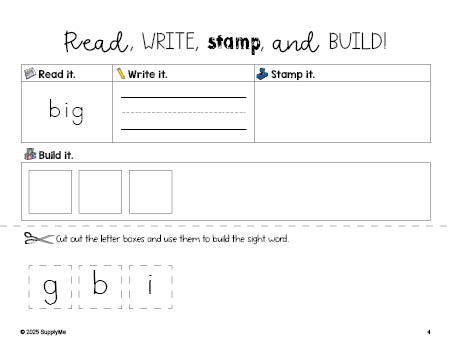 Free preschool worksheet, read, write, stamp, and build the beginner sight word for preschoolers and high frequency word 'big', second 100 fry sight words, Dolch pre-primer, PDF