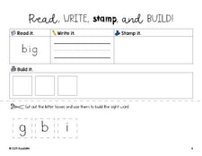 Free preschool worksheet, read, write, stamp, and build the beginner sight word for preschoolers and high frequency word 'big', second 100 fry sight words, Dolch pre-primer, PDF