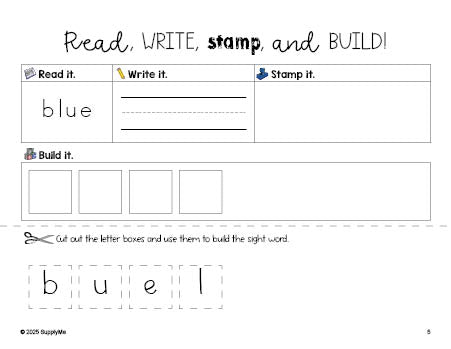 Free preschool worksheet, read, write, stamp, and build the beginner sight word for preschoolers and high frequency word 'blue', sixth 100 fry sight words, Dolch pre-primer, PDF