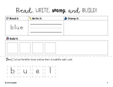 Free preschool worksheet, read, write, stamp, and build the beginner sight word for preschoolers and high frequency word 'blue', sixth 100 fry sight words, Dolch pre-primer, PDF