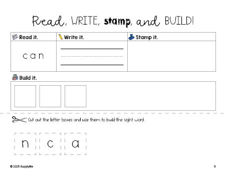 Free preschool worksheet, read, write, stamp, and build the beginner sight word for preschoolers and high frequency word 'can', first 100 fry sight words, Dolch pre-primer, PDF