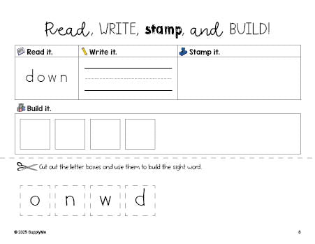 Free preschool worksheet, read, write, stamp, and build the beginner sight word for preschoolers and high frequency word 'down', first 100 fry sight words, Dolch pre-primer, PDF