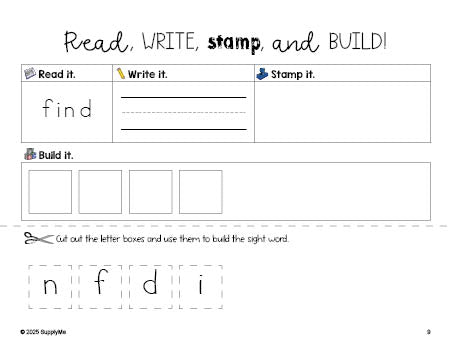 Free preschool worksheet, read, write, stamp, and build the beginner sight word for preschoolers and high frequency word 'find', first 100 fry sight words, Dolch pre-primer, PDF