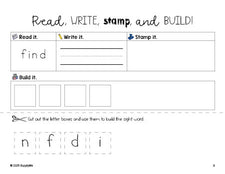 Free preschool worksheet, read, write, stamp, and build the beginner sight word for preschoolers and high frequency word 'find', first 100 fry sight words, Dolch pre-primer, PDF