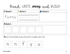 Free preschool worksheet, read, write, stamp, and build the beginner sight word for preschoolers and high frequency word 'funny', Dolch pre-primer, PDF