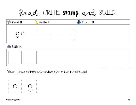 Free preschool worksheet, read, write, stamp, and build the beginner sight word for preschoolers and high frequency word 'go', first 100 fry sight words, Dolch pre-primer, PDF