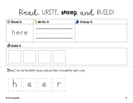 Free preschool worksheet, read, write, stamp, and build the beginner sight word for preschoolers and high frequency word 'here', second 100 fry sight words, Dolch pre-primer, PDF