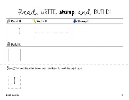 Free preschool worksheet, read, write, stamp, and build the beginner sight word for preschoolers and high frequency word 'I', first 100 fry sight words, Dolch pre-primer, PDF