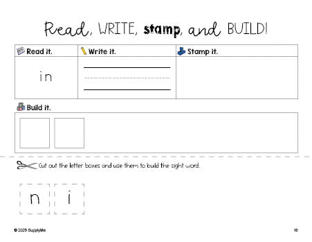 Free preschool worksheet, read, write, stamp, and build the beginner sight word for preschoolers and high frequency word 'in', first 100 fry sight words, Dolch pre-primer, PDF