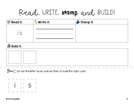 Free preschool worksheet, read, write, stamp, and build the beginner sight word for preschoolers and high frequency word 'is', first 100 fry sight words, Dolch pre-primer, PDF