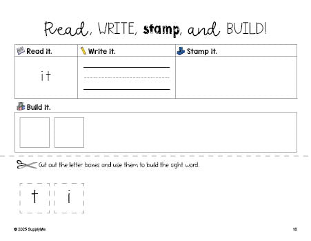 Free preschool worksheet, read, write, stamp, and build the beginner sight word for preschoolers and high frequency word 'it', first 100 fry sight words, Dolch pre-primer, PDF