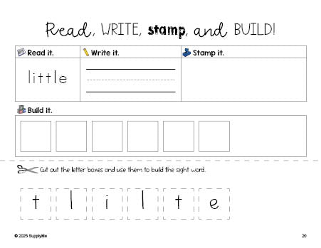 Free preschool worksheet, read, write, stamp, and build the beginner sight word for preschoolers and high frequency word 'little', second 100 fry sight words, Dolch pre-primer, PDF