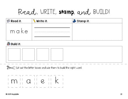 Free preschool worksheet, read, write, stamp, and build the beginner sight word for preschoolers and high frequency word 'make', first 100 fry sight words, Dolch pre-primer, PDF