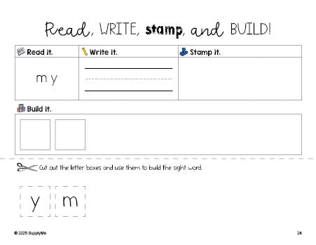 Free preschool worksheet, read, write, stamp, and build the beginner sight word for preschoolers and high frequency word 'my', first 100 fry sight words, Dolch pre-primer, PDF