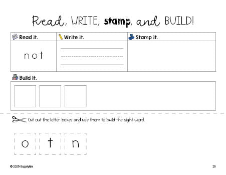 Free preschool worksheet, read, write, stamp, and build the beginner sight word for preschoolers and high frequency word 'not', first 100 fry sight words, Dolch pre-primer, PDF