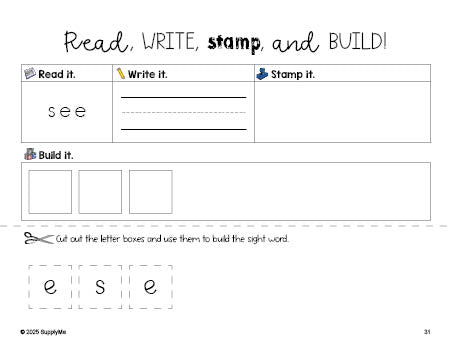 Free preschool worksheet, read, write, stamp, and build the beginner sight word for preschoolers and high frequency word 'see', first 100 fry sight words, Dolch pre-primer, PDF