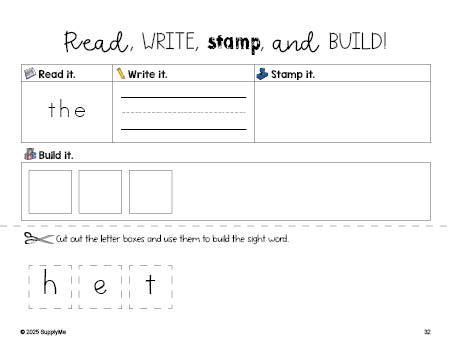 Free preschool worksheet, read, write, stamp, and build the beginner sight word for preschoolers and high frequency word 'the', first 100 fry sight words, Dolch pre-primer, PDF