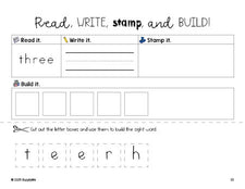 Free preschool worksheet, read, write, stamp, and build the beginner sight word for preschoolers and high frequency word 'three', second 100 fry sight words, Dolch pre-primer, PDF