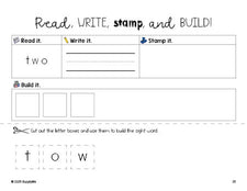 Free preschool worksheet, read, write, stamp, and build the beginner sight word for preschoolers and high frequency word 'two', first 100 fry sight words, Dolch pre-primer, PDF