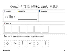 Free preschool worksheet, read, write, stamp, and build the beginner sight word for preschoolers and high frequency word 'yellow', tenth 100 fry sight words, Dolch pre-primer, PDF