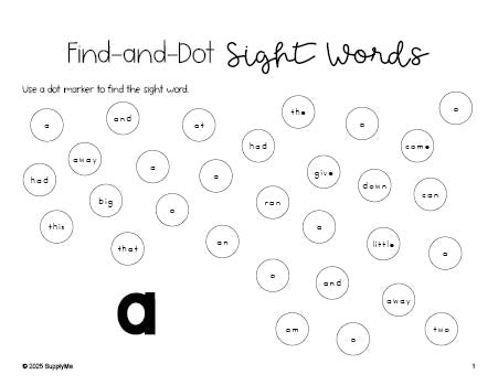 Free preschool worksheet, sight word dot marker printable coloring page, beginner sight word for preschoolers and high frequency word 'a', first 100 fry sight words, Dolch pre-primer, PDF