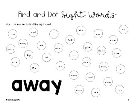 Free preschool worksheet, sight word dot marker printable coloring page, beginner sight word for preschoolers and high frequency word 'away', second 100 fry sight words, Dolch pre-primer, PDF