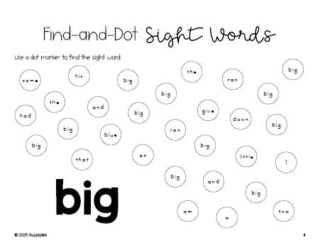 Free preschool worksheet, sight word dot marker printable coloring page, beginner sight word for preschoolers and high frequency word 'big', second 100 fry sight words, Dolch pre-primer, PDF