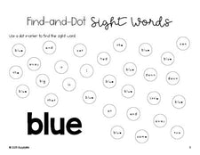 Free preschool worksheet, sight word dot marker printable coloring page, beginner sight word for preschoolers and high frequency word 'blue', sixth 100 fry sight words, Dolch pre-primer, PDF