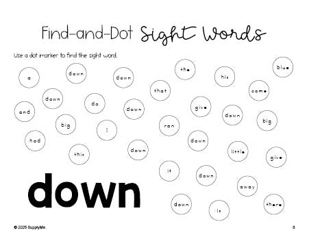 Free preschool worksheet, sight word dot marker printable coloring page, beginner sight word for preschoolers and high frequency word 'down', first 100 fry sight words, Dolch pre-primer, PDF