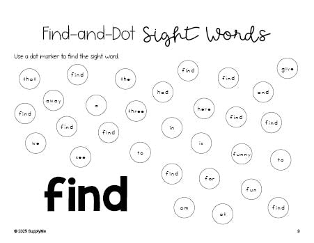 Free preschool worksheet, sight word dot marker printable coloring page, beginner sight word for preschoolers and high frequency word 'find', first 100 fry sight words, Dolch pre-primer, PDF