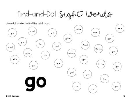 Free preschool worksheet, sight word dot marker printable coloring page, beginner sight word for preschoolers and high frequency word 'go', first 100 fry sight words, Dolch pre-primer, PDF