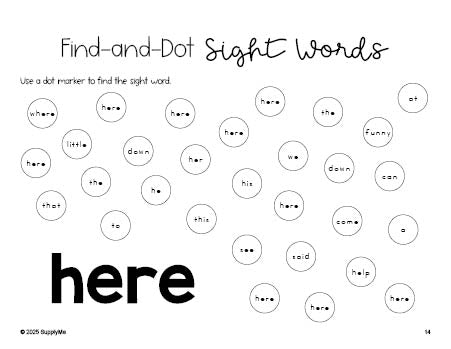 Free preschool worksheet, sight word dot marker printable coloring page, beginner sight word for preschoolers and high frequency word 'here', second 100 fry sight words, Dolch pre-primer, PDF