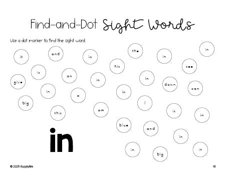 Free preschool worksheet, sight word dot marker printable coloring page, beginner sight word for preschoolers and high frequency word 'in', first 100 fry sight words, Dolch pre-primer, PDF