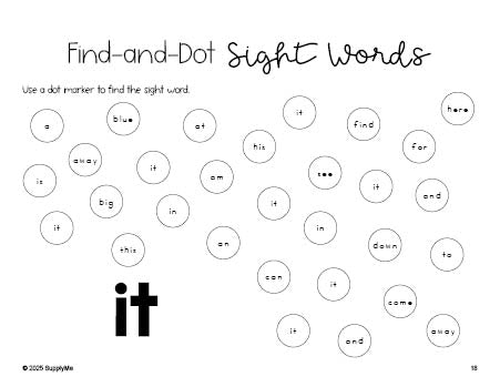 Free preschool worksheet, sight word dot marker printable coloring page, beginner sight word for preschoolers and high frequency word 'it', first 100 fry sight words, Dolch pre-primer, PDF