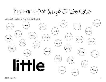 Free preschool worksheet, sight word dot marker printable coloring page, beginner sight word for preschoolers and high frequency word 'little', second 100 fry sight words, Dolch pre-primer, PDF