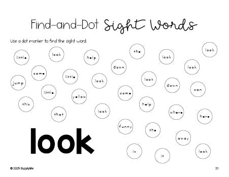 Free preschool worksheet, sight word dot marker printable coloring page, beginner sight word for preschoolers and high frequency word 'look', first 100 fry sight words, Dolch pre-primer, PDF