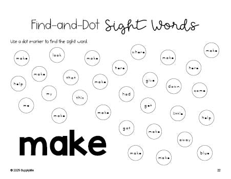 Free preschool worksheet, sight word dot marker printable coloring page, beginner sight word for preschoolers and high frequency word 'make', first 100 fry sight words, Dolch pre-primer, PDF