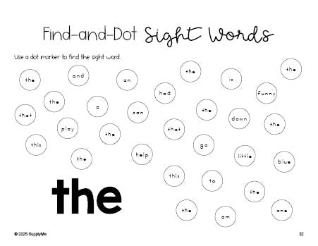 Free preschool worksheet, sight word dot marker printable coloring page, beginner sight word for preschoolers and high frequency word 'the', first 100 fry sight words, Dolch pre-primer, PDF