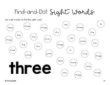 Free preschool worksheet, sight word dot marker printable coloring page, beginner sight word for preschoolers and high frequency word 'three', second 100 fry sight words, Dolch pre-primer, PDF