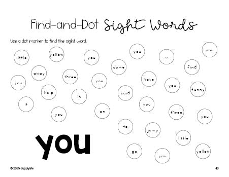 Free preschool worksheet, sight word dot marker printable coloring page, beginner sight word for preschoolers and high frequency word 'you', first 100 fry sight words, Dolch pre-primer, PDF