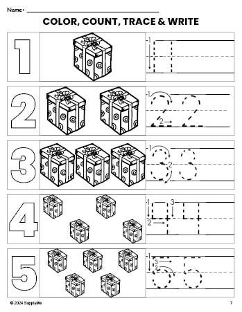 Free printable present Christmas coloring page and number tracing worksheet, numbers 1-5 counting worksheet for preschool and pre-k