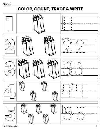 Free printable present Christmas coloring page and number tracing worksheet, numbers 1-5 counting worksheet for preschool and pre-k