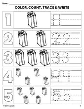 Free printable present Christmas coloring page and number tracing worksheet, numbers 1-5 counting worksheet for preschool and pre-k