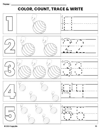 Free printable present Christmas coloring page and number tracing worksheet, numbers 1-5 counting worksheet for preschool and pre-k