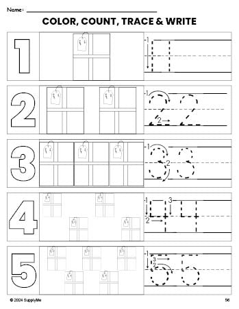 Free printable present Christmas coloring page and number tracing worksheet, numbers 1-5 counting worksheet for preschool and pre-k