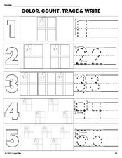 Free printable present Christmas coloring page and number tracing worksheet, numbers 1-5 counting worksheet for preschool and pre-k