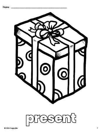 Free printable present Christmas coloring page for preschool, pre-k, and kindergarten