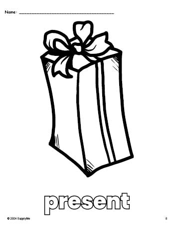 Free printable present Christmas coloring page for preschool, pre-k, and kindergarten