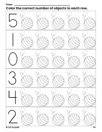 Free printable present Christmas count and color worksheet for preschoolers, Christmas coloring page and counting worksheet numbers 0-5, PDF