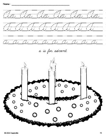 Free printable advent Christmas coloring page, cursive letter tracing worksheet, letter a worksheet for preschool, pre-k, and kindergarten